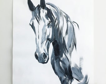 Horse Art/Original/EXTRA LARGE Horse Sketch in Acrylic/27 5/8"x 39 3/8" or trim to 24"x36" poster size/Black and White Action Sketch