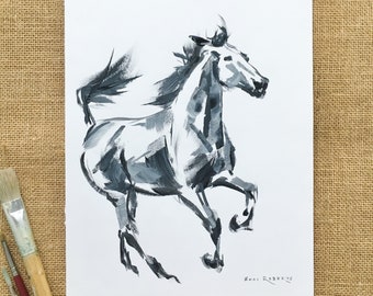 Horse Art/Original/Horse Sketch in Acrylic/9&quot;x12&quot;/Black and White Action Sketch/Shay Roberts