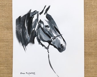 Horse Art/Original/Horse Sketch in Acrylic/9"x12"/Black and White Action Sketch/Shay Roberts