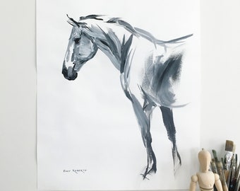 Horse Art/Original/LARGE Horse Sketch in Acrylic/19 3/4"x 27 5/8" or trim to 18"x24" poster size/Black and White Action Sketch/Shay Roberts