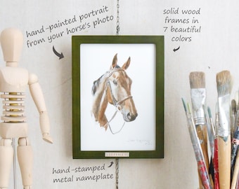 Custom Real Watercolor Portrait from Your Horse&#39;s Photo w/ Solid Wood Personalized Frame/5&quot;x7”/8&quot;x10/Original Watercolor Painting/Horse Gift