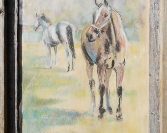 Horse Art/Original /Framed Charcoal/Pastel Drawing/Artwork 18&quot;x24&quot;/Genuine Barnwood Frame/&quot;Mr. Spooner&#39;s Racing Stock&quot; by Shay Roberts
