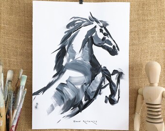 Horse Art/Original/Horse Sketch in Acrylic/9"x12"/Black and White Action Sketch/Shay Roberts