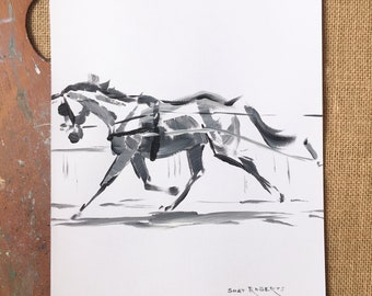 Horse Art/Original/Horse Sketch in Acrylic/9"x12"/Black and White Action Sketch/Shay Roberts