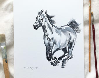 Horse Art/Original/Horse Sketch in Acrylic/9&quot;x12&quot;/Black and White Action Sketch/Shay Roberts