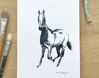 Horse Art/Original/Horse Sketch in Acrylic/9"x12"/Black and White Action Sketch/Shay Roberts