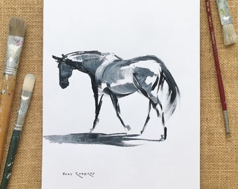 Horse Art/Original/Horse Sketch in Acrylic/9"x12"/Black and White Action Sketch/Shay Roberts