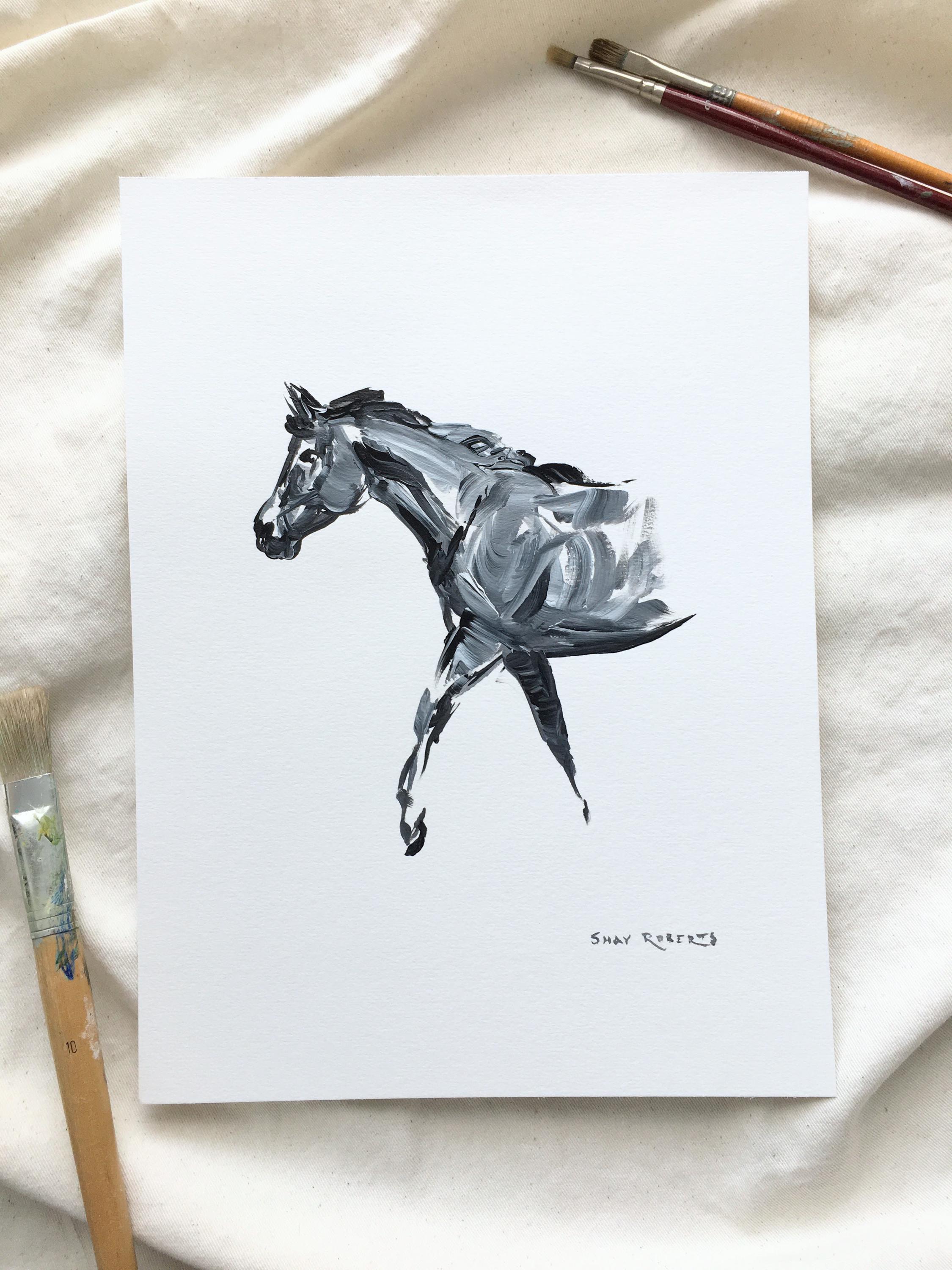 Horse Art/Original/Horse Sketch in Acrylic/9"x12"/Black and White Action Sketch/Shay Roberts