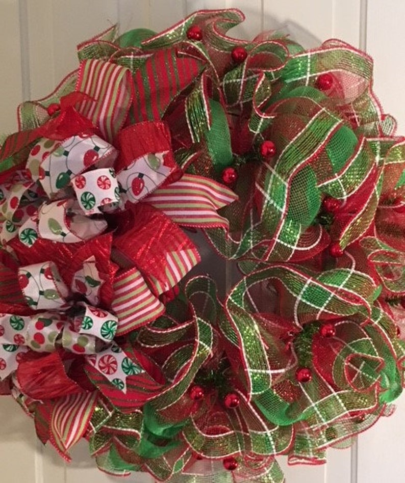 Holiday Front Door Wreath Large Wreath for Front Door Red Shiny Ball Christmas Wreath Merry Christmas Wreath Deco Mesh Christmas Wreath