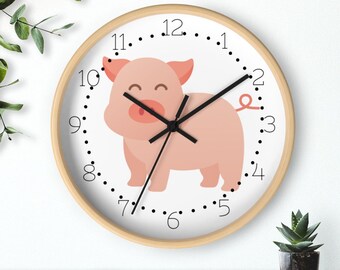 Free Shipping! Farm Friends Wall Clock for Kids with Minute lines - Help kids learn to read the time! - Friendly pig