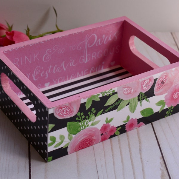 Small Wooden Decoupage Crate for Tea Bag or Makeup Storage, Desktop Accessory, Nightstand Tray