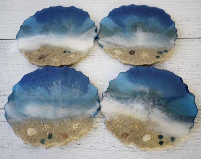 Set of Four Resin Coasters, Beach Theme Coasters with Sand, Shells and Starfish