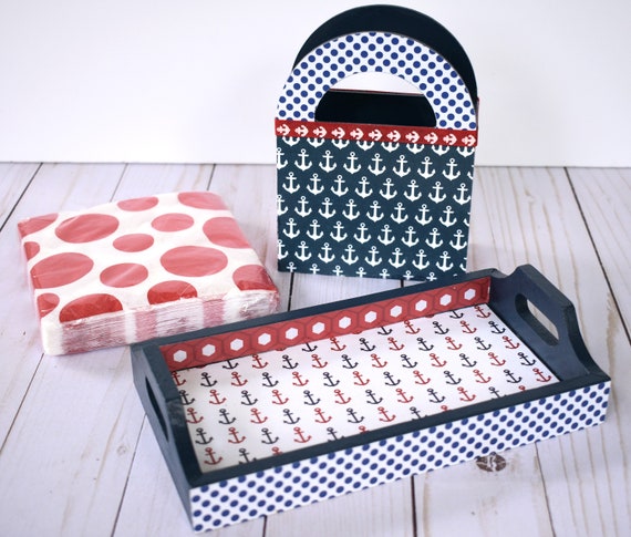 Nautical Napkin Holder and Small Wood Tray with Set of