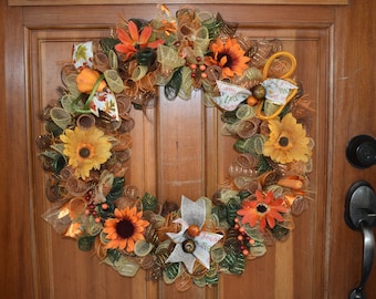 Fall Deco Mesh Wreath, Front Door Decor, Autumn Wreath