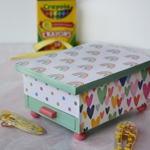 Decoupage Wooden Jewelry Box: Rainbows, Hearts, Mirror & Drawer