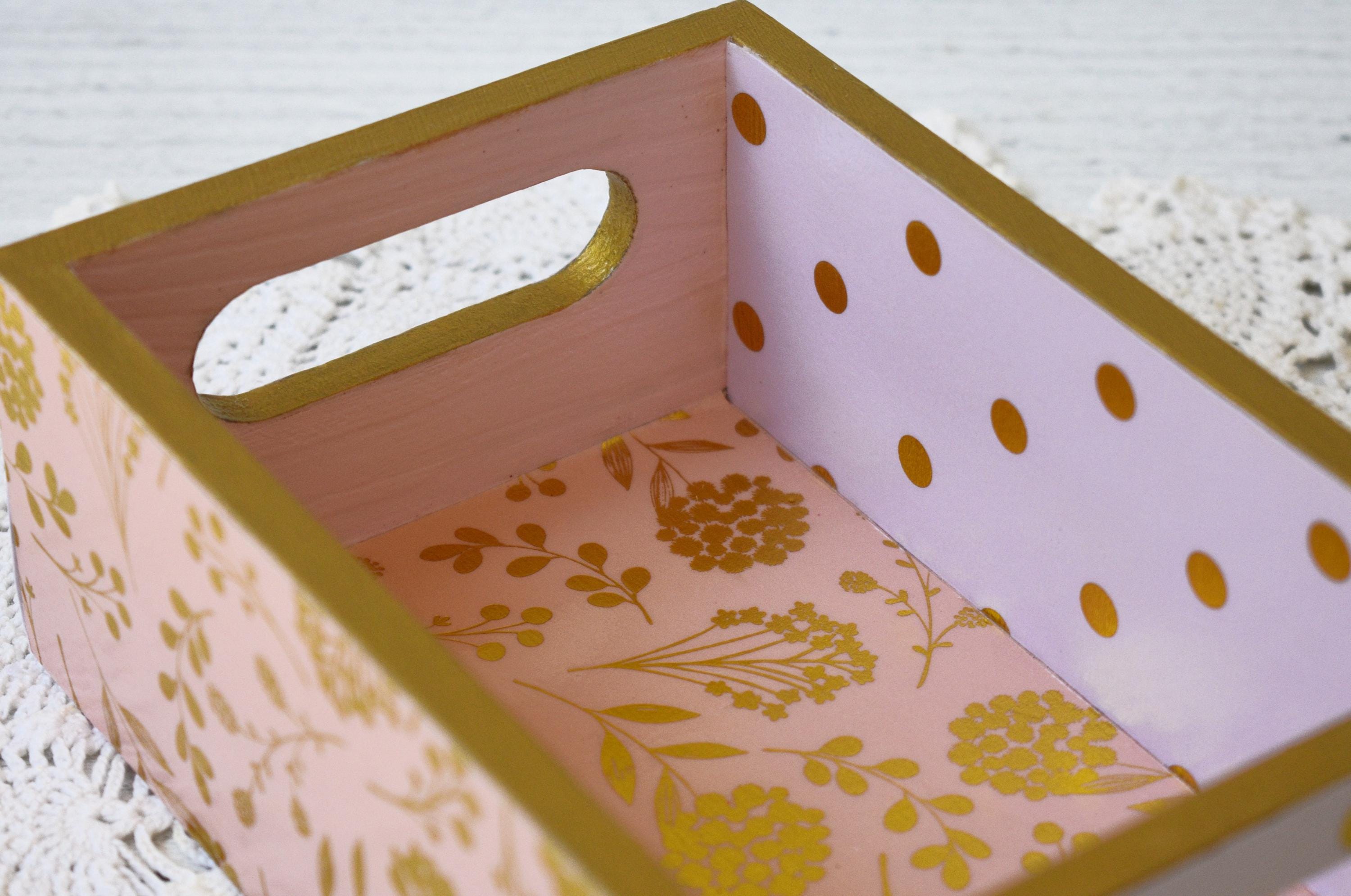 Pink and Gold Decoupage Wooden Mini Crate: Decorative Storage Box