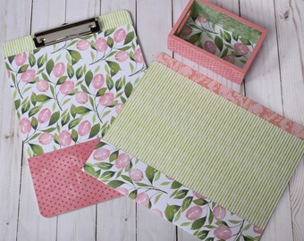 Floral Desk Organizer Set: Decoupage Clipboard, File Folder, Crate