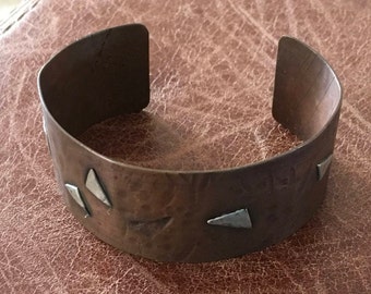 Copper cuff with sterling silver triangles