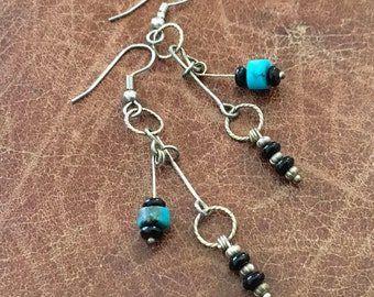 Turquoise, onyx, silver plated earrings