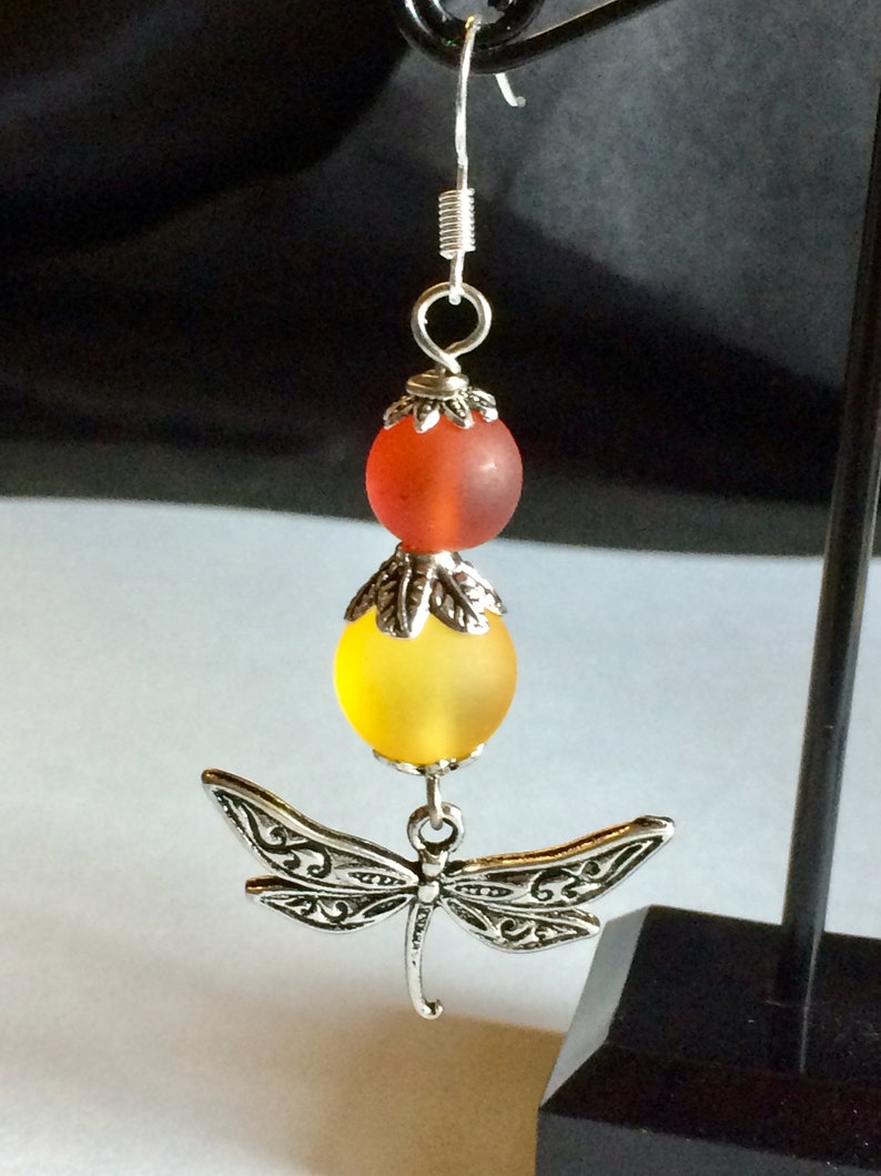 Dragonfly Charm Earrings with Frosted Glass Beads