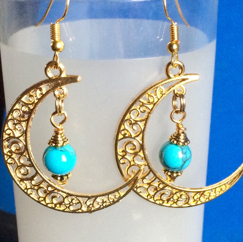 Crescent Moon Earrings with Blue Howlite Stone