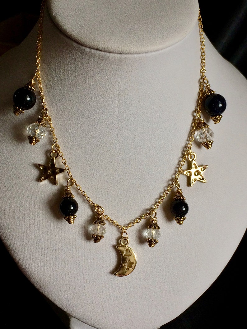 Moon Star Necklace With Real Austria Crystal and dark Blue Sandstone