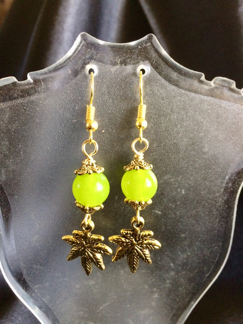 Marijuana Leaf Earrings with Green Peridot Bead