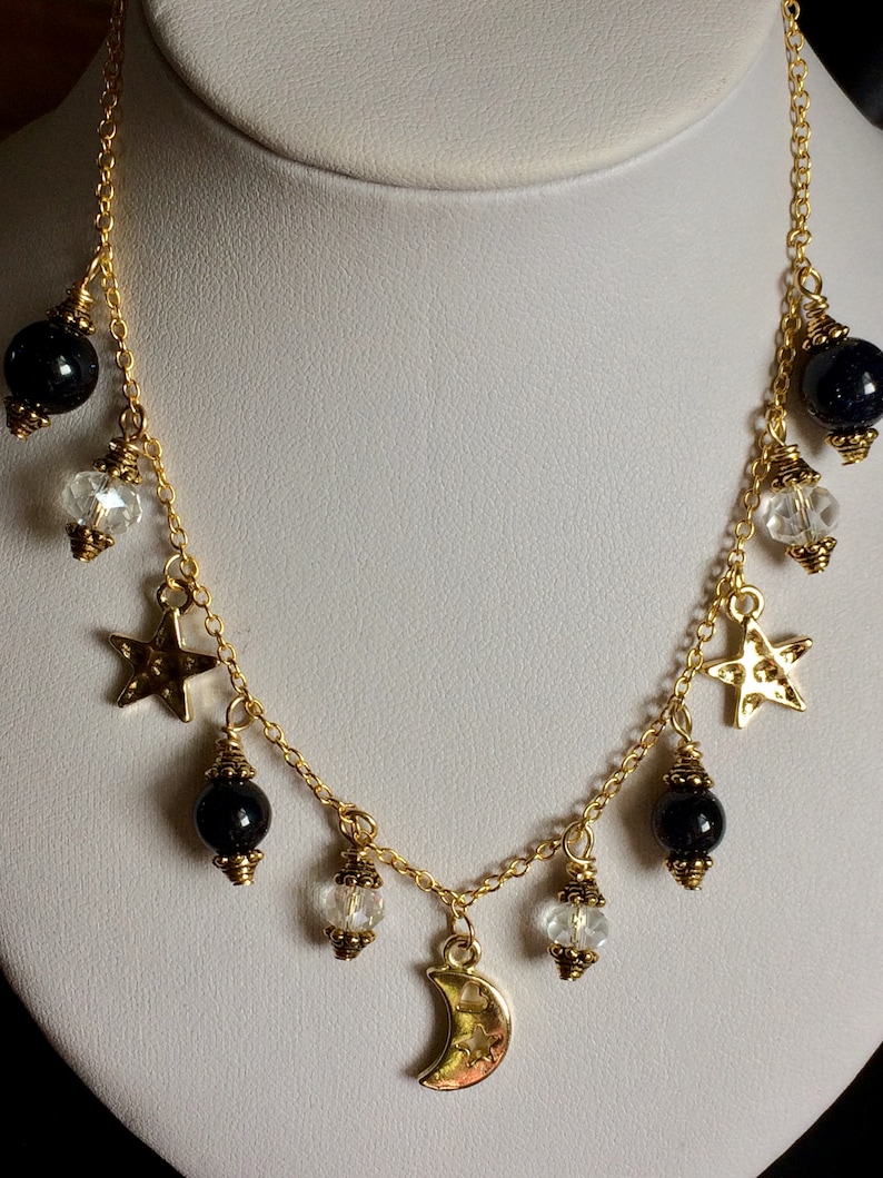 Moon Star Necklace With Real Austria Crystal and dark Blue Sandstone