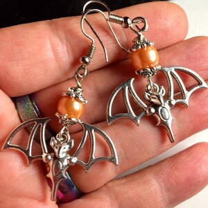 Halloween Bat Earrings with Orange Czech Glass Pearl