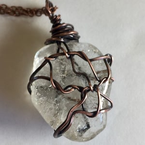 Clear Quartz Crystal Wrapped Stone Pendant in Aged Copper