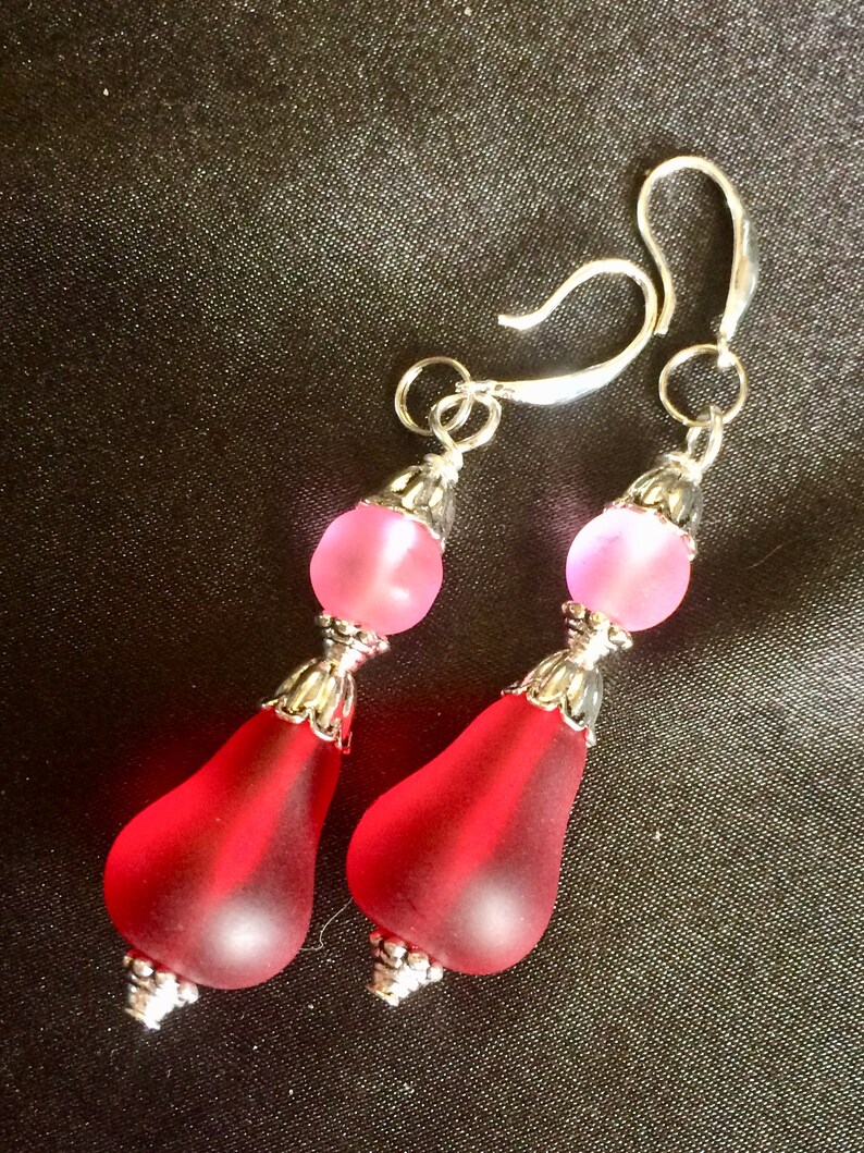 Frosted Glass Sea Glass Style Pear Flower Dangle Earrings