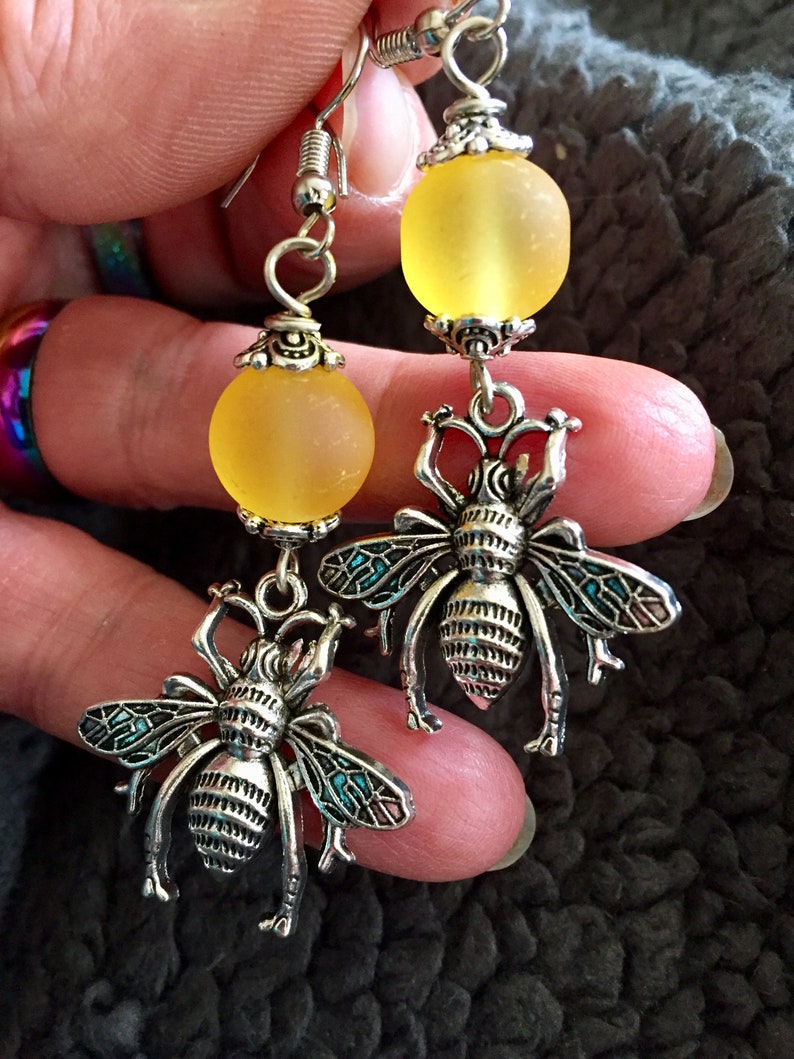 Bee Charm Earrings with Frosted Glass Bead