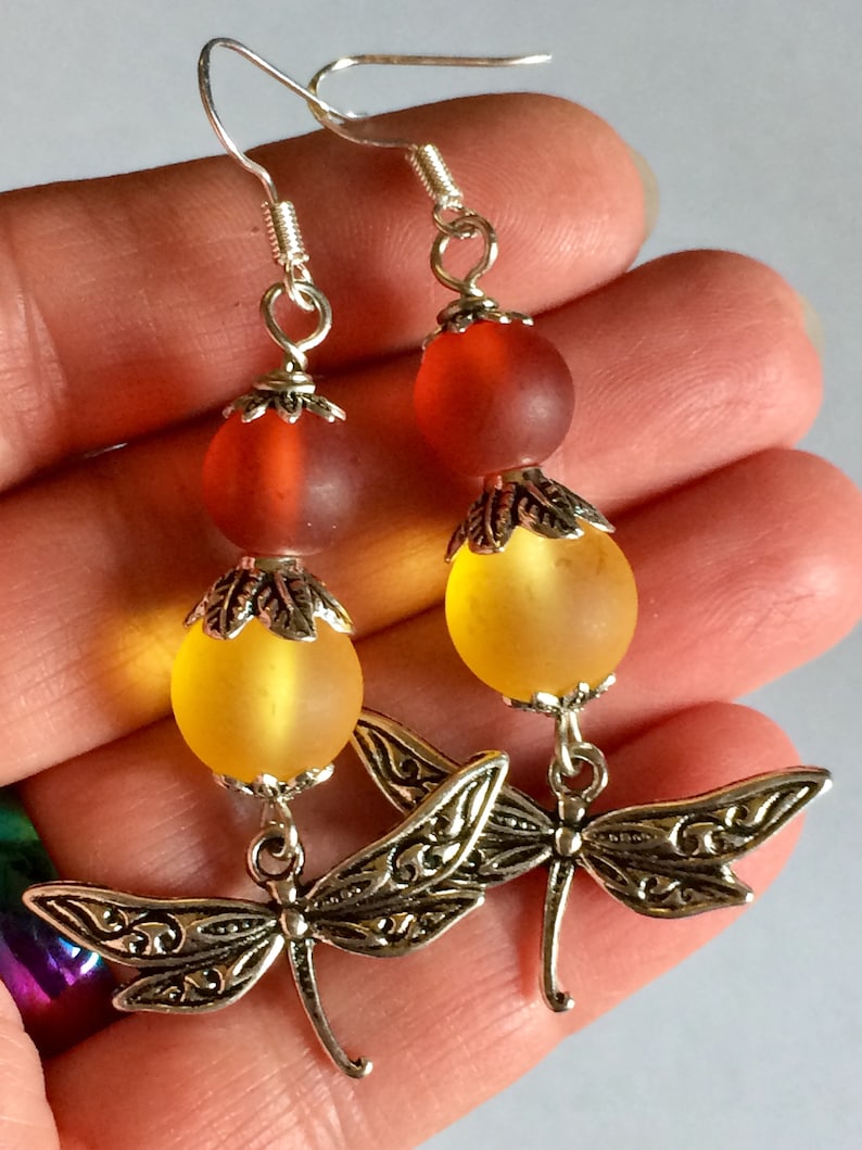 Dragonfly Charm Earrings with Frosted Glass Beads