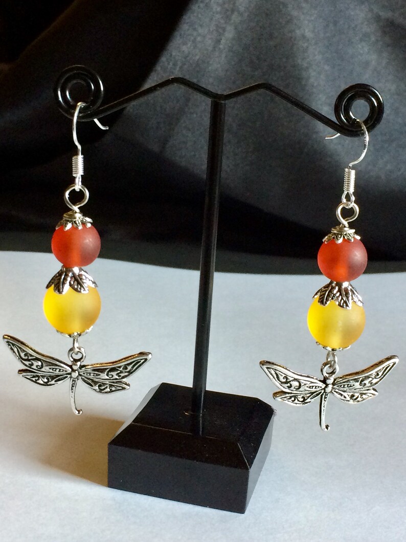 Dragonfly Charm Earrings with Frosted Glass Beads
