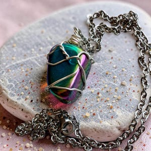 Wire Wrapped Rainbow Hematite Necklace, Iridescent Boho Crystal Pendant, Silver-Filled Wire