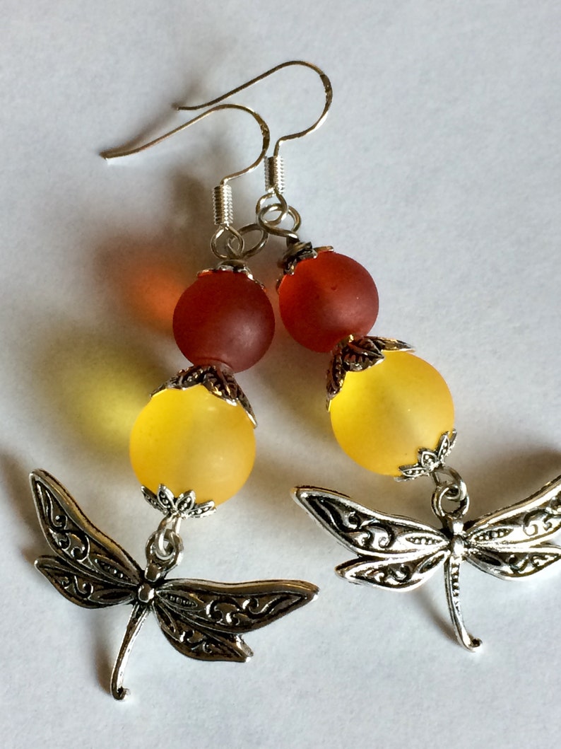 Dragonfly Charm Earrings with Frosted Glass Beads