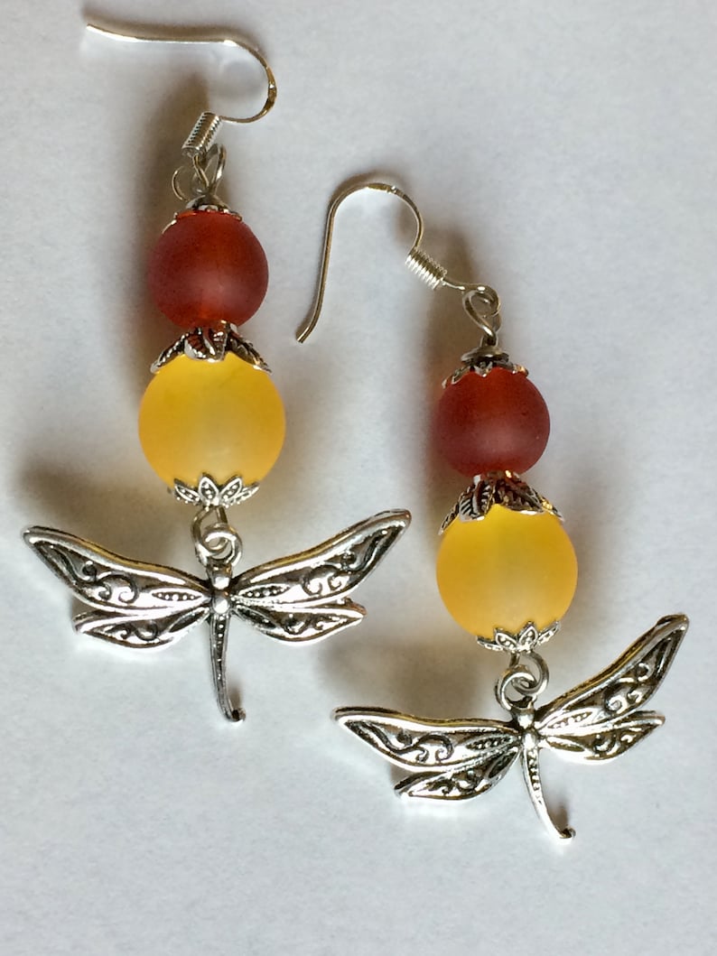 Dragonfly Charm Earrings with Frosted Glass Beads