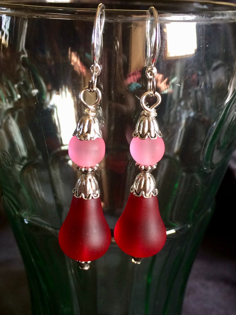 Frosted Glass Sea Glass Style Pear Flower Dangle Earrings