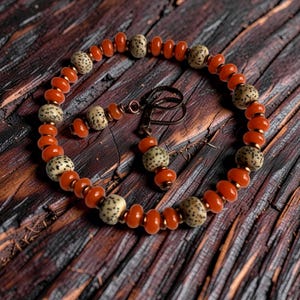 May include: A beaded bracelet and a pair of matching earrings featuring small, round, glossy orange beads interspersed with larger, round, cream-colored beads that have dark brown speckles, all strung on a thin, metallic copper-toned wire.