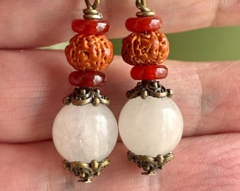 Bronze Rudraksha Seed and white Jade Beaded Yoga Earrings