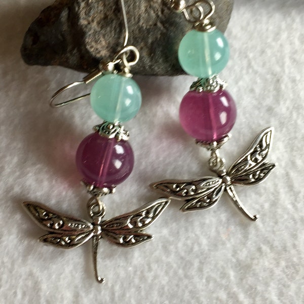 Dragonfly Dangle Earrings In 3 Colors with Jade Style Beads