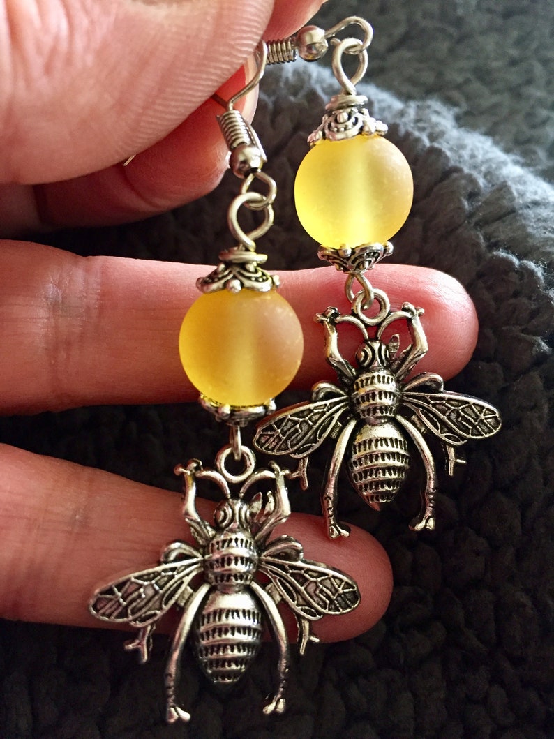 Bee Charm Earrings with Frosted Glass Bead