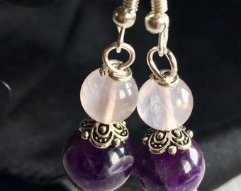 Amethyst ,Rose Quartz Earrings1" Stone Dangles