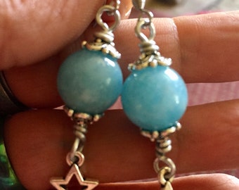 Blue Onyx Star Charm Earrings , Dangle Stone Earrings