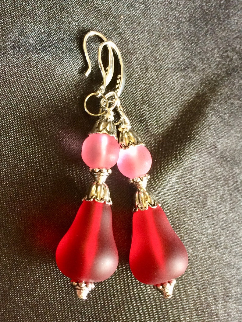 Frosted Glass Sea Glass Style Pear Flower Dangle Earrings
