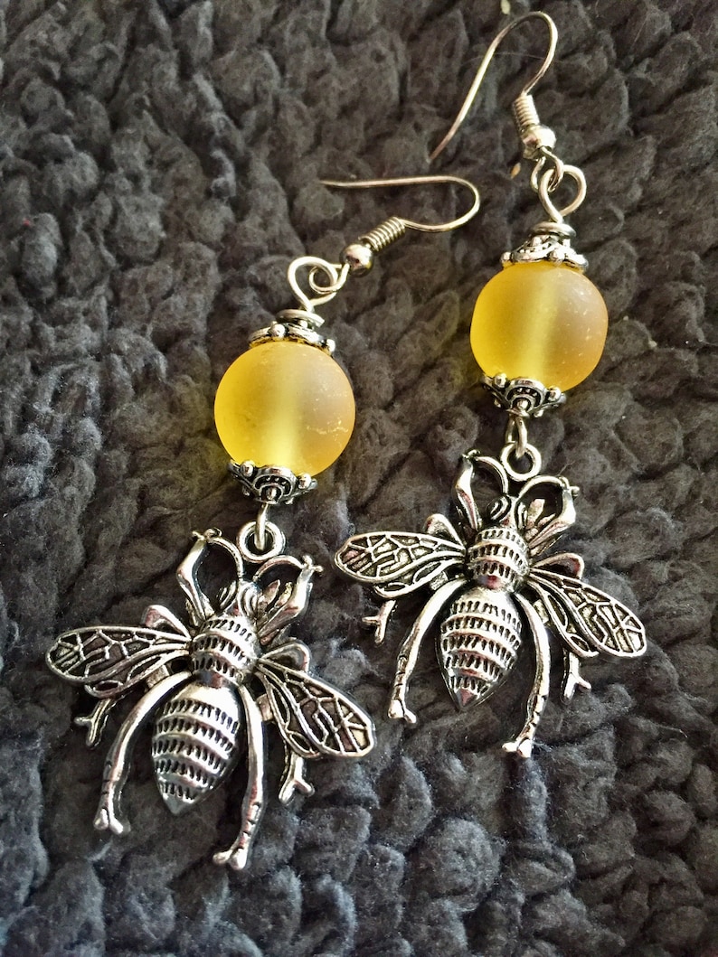 Bee Charm Earrings with Frosted Glass Bead