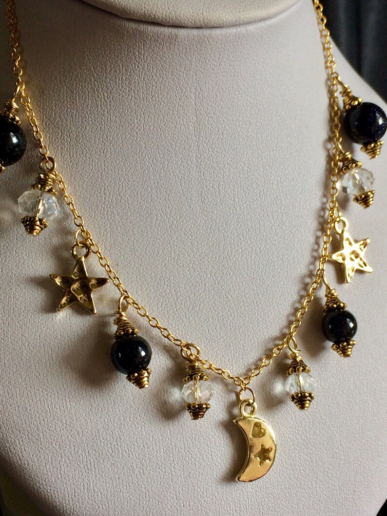 Moon Star Necklace With Real Austria Crystal and dark Blue Sandstone