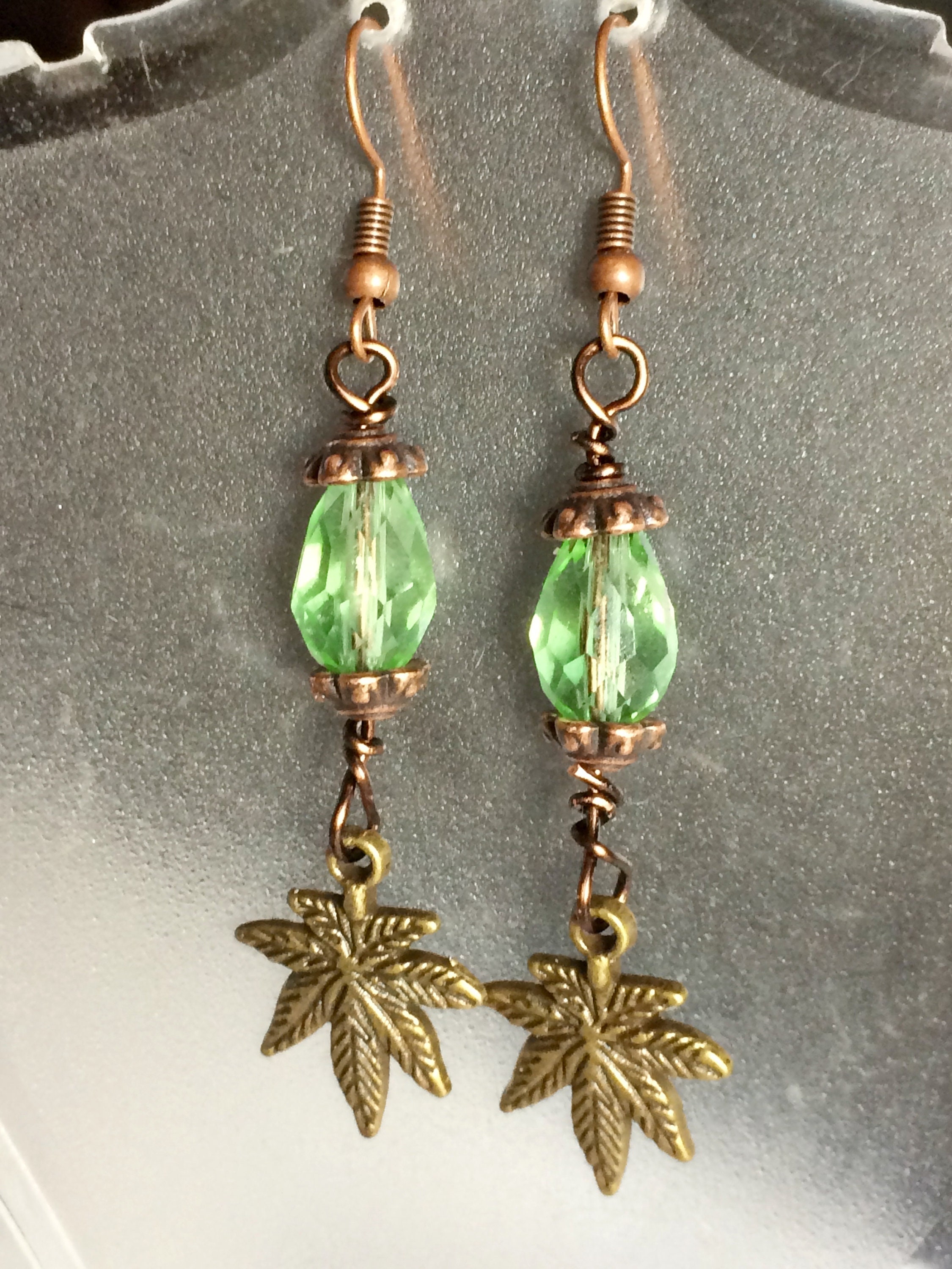 Details about   Marijuana Leaf,Pot Charm Earrings With Peridot Bead 