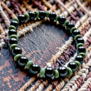 Hematite & Turquoise Green Java Glass Bracelet | Handmade Stretch Bracelet | Boho Minimalist Jewelry | Size 7