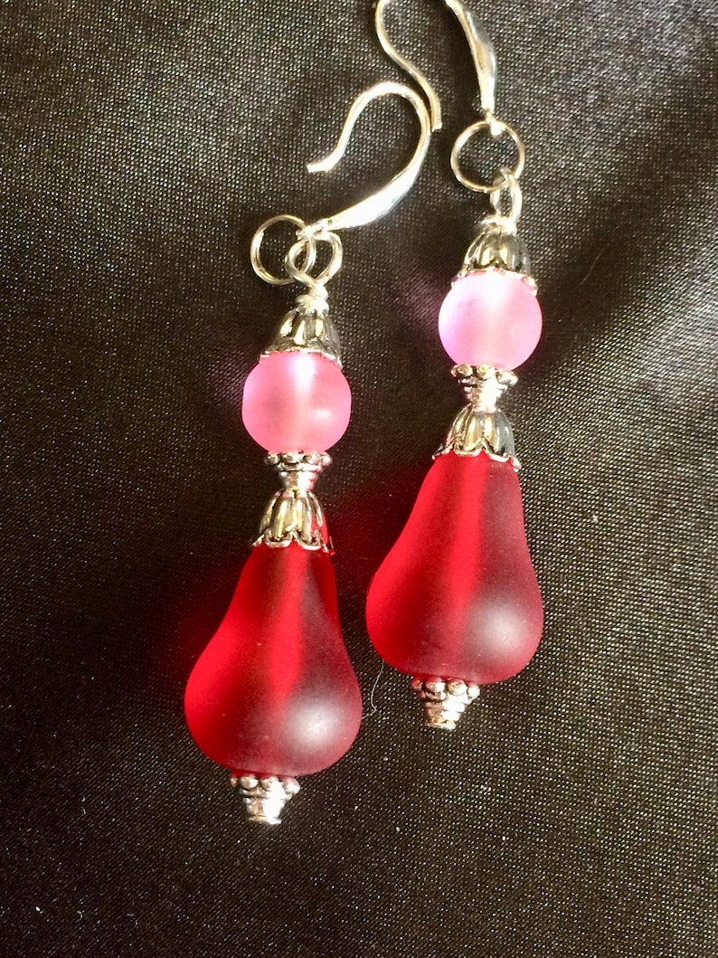 Frosted Glass Sea Glass Style Pear Flower Dangle Earrings